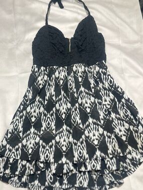 Vanity Black Lace Bustier, Ruffled Flare Skirt,Ikat Print Halter Dress. Large